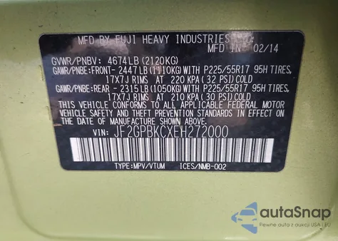 2014 Subaru Xv Crosstrek Hybrid 2.0I Touring z USA, uszkodzony, nr VIN JF2GPBKCXEH272000